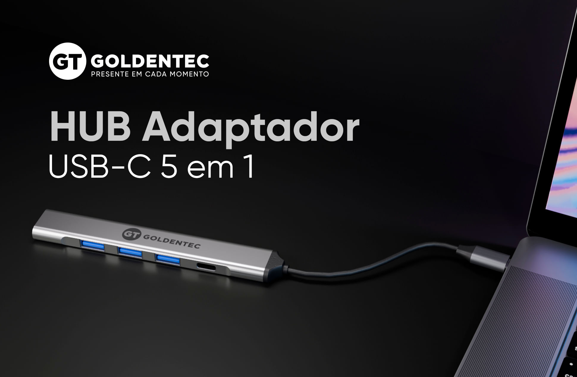 Hub Adaptador Goldentec USB-C 5 em 1 com USB-C, USB 3.0 e USB 2.0